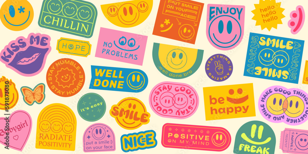 Poster cool groovy stickers background. y2k patches collage. pop art illustration vector design. funky patt