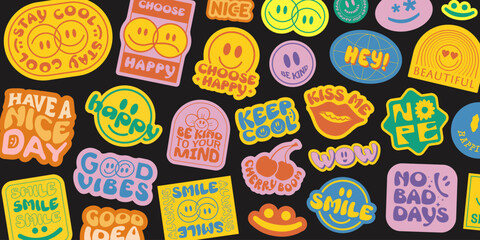 Cool Groovy Stickers Background. Y2k Patches Collage. Pop Art Illustration Vector Design. Funky Pattern.