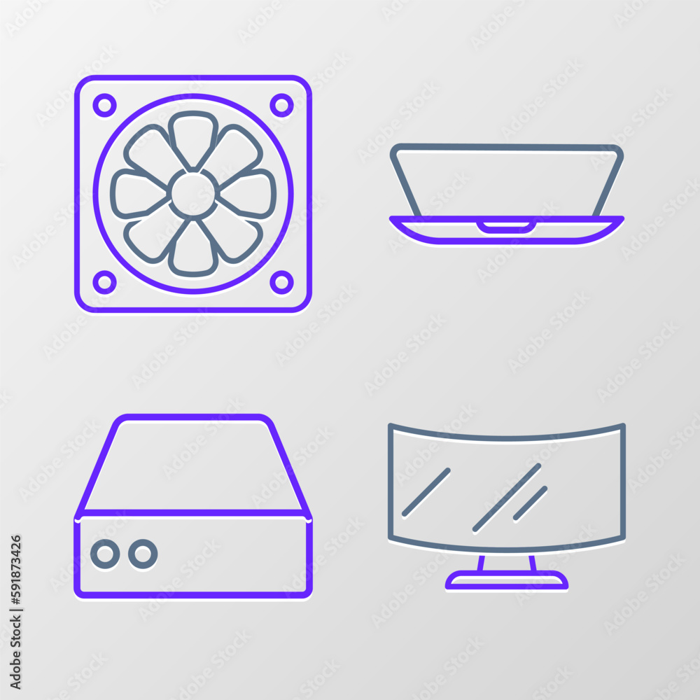 Aufkleber set line computer monitor screen, server, data, web hosting, laptop and cooler icon. vector
