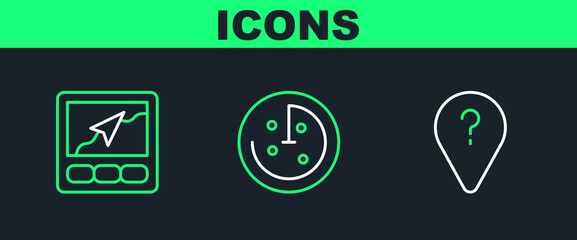 Set line Unknown route point, Gps device with map and Radar targets on monitor icon. Vector