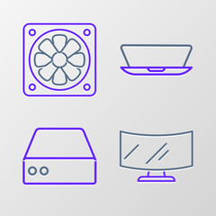 Set line Computer monitor screen, Server, Data, Web Hosting, Laptop and cooler icon. Vector