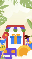 Fototapeta premium Festive Shopping E-Commerce Online Shopping People Flat Vector Concept Operation Hand Drawn Illustration 