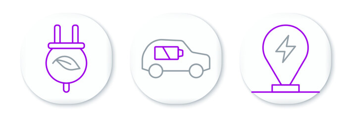 Set line Charging parking electric car, Electric saving plug leaf and icon. Vector