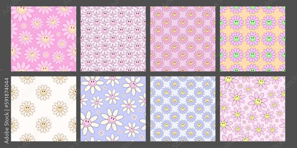Aufkleber set of cool flower groovy seamless pattern backgrounds. trendy y2k repeat textures.