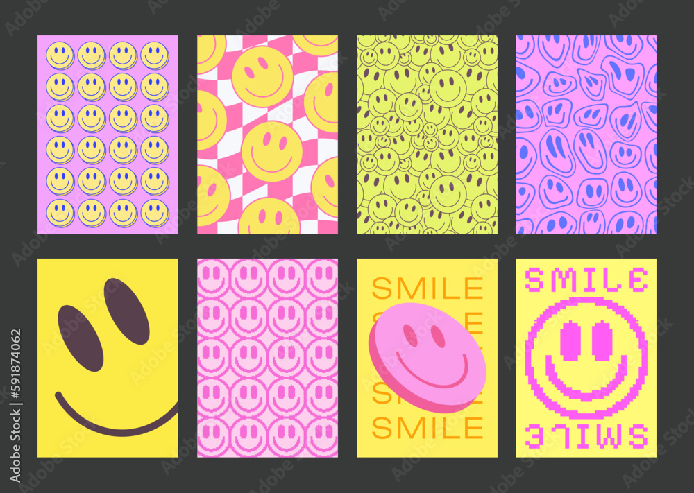 Poster Cool Groovy Pattern Posters Collection. Set of Y2K Textures. Trendy Abstract Geometric 90s Backgrounds. Funky Retro Vintage Backdrops.
