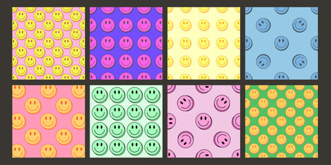 Cool Smile Seamless Pattern Vector Design. Trendy Groovy Background. Y2K Funny Texture.
