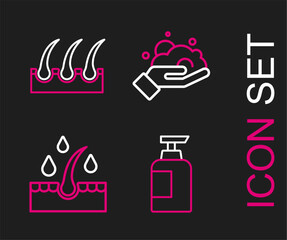 Set line Bottle of shampoo, Oil for hair care treatment, Shaving foam on hand and Human follicle icon. Vector