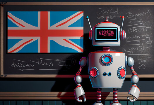 Humanoid education robot teacher in England UK teaching British pupils about  mathematics and artificial intelligence technology in a school classroom, computer Generative AI stock illustration image