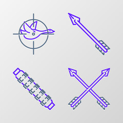 Set line Crossed arrows, Hunting cartridge belt with cartridges, Hipster and on duck crosshairs icon. Vector