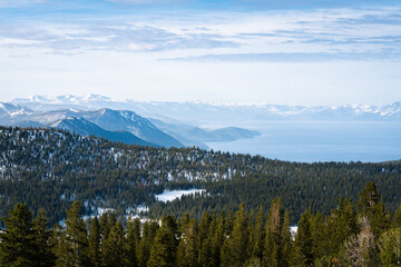 Fototapeta na wymiar Scenic view of Mount Rose Trial looking down toward Lake Tahoe and Crystal Bay in Nevada, USA