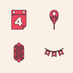 Set Carnival garland with flags, Calendar date July 4, Balloons and Hotdog sandwich icon. Vector