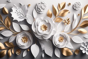 abstract background with white paper flowers and golden leaves, floral botanical wallpaper. 3d render