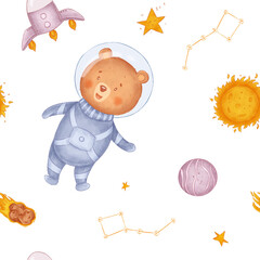 Watercolor animals in space seamless pattern, cartoon cute bear cosmonaut, wallpaper, wall decal, perfect for kids fashion, baby shower, first birthday, invitation 