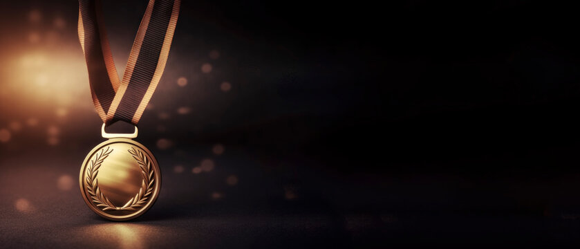 gold medal with orange and black ribbon that has embossed wreath on plain dark background and highlights of gold copy space web banner ratio generative ai