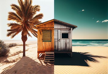 Palm tree and beach hut on sunny beach, created using generative ai technology