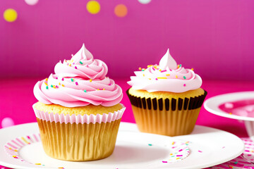 Cupcakes with pink buttercream frosting on a pink background. AI Generated/AI Generative