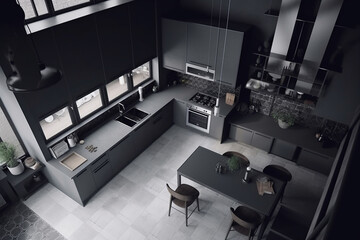 Fototapeta na wymiar Elegant modern kitchen interior design high angle view, black furniture, counter table and chairs. Generative AI 3D render home interior design