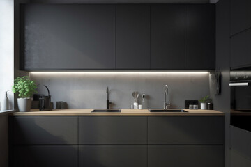 Elegant modern kitchen interior design front view, black furniture and counter. Generative AI 3D render home interior design