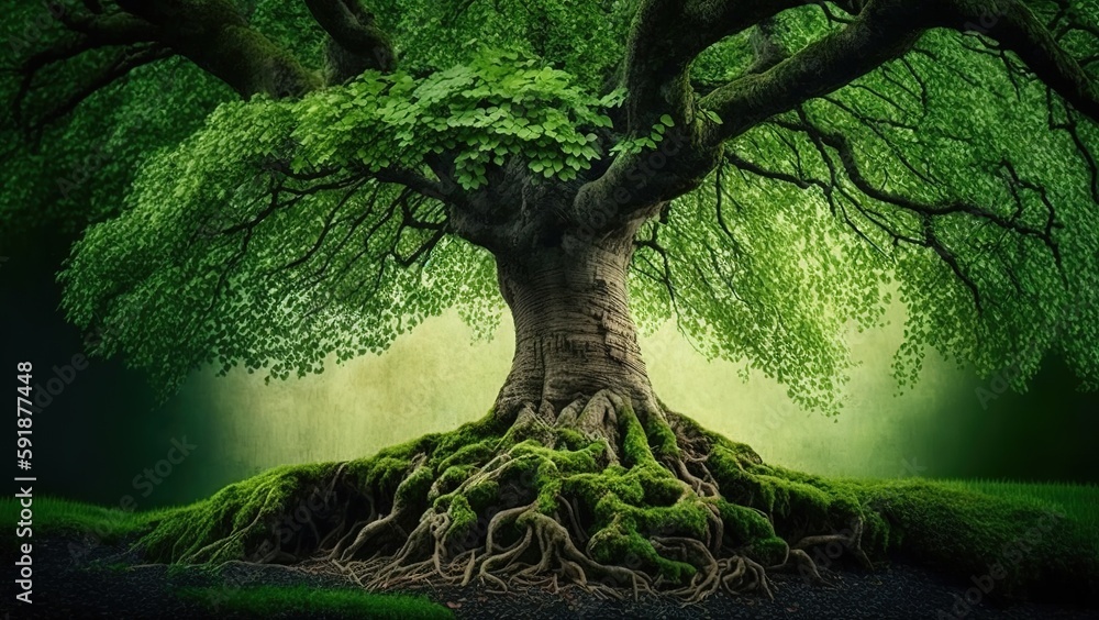 Poster during the spring, a large tree with green moss on its bark serves as a backdrop for a scene of gree