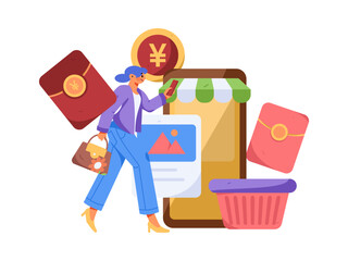 Festive Shopping E-Commerce Online Shopping People Flat Vector Concept Operation Hand Drawn Illustration
