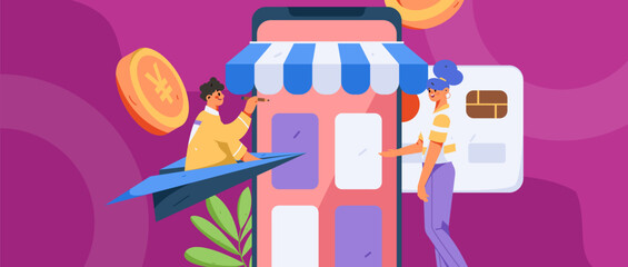 Festive Shopping E-Commerce Online Shopping People Flat Vector Concept Operation Hand Drawn Illustration
