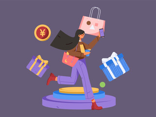 Festive Shopping E-Commerce Online Shopping People Flat Vector Concept Operation Hand Drawn Illustration

