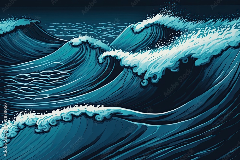 Poster serene seascape with blue waves gently rolling. generative ai