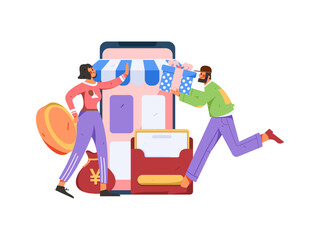 Festive Shopping E-Commerce Online Shopping People Flat Vector Concept Operation Hand Drawn Illustration
