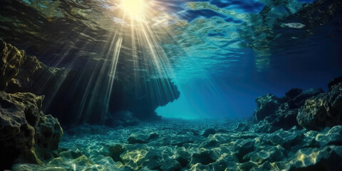 Underwater sea in blue sunlight. Generative AI