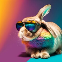 Fototapeta na wymiar Cool rabbit with glasses on a beautiful background. Spring concept. Bright mood. Generative AI.