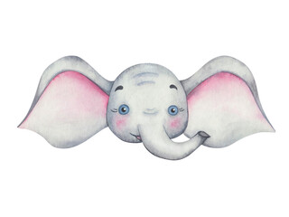 Watercolor illustration. Hand painted grey elephant with big pink ears, long trunk. Smiling baby animal. Cartoon character. Isolated clip art for children fabric, textile prints, banners, posters