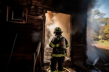 Fototapeta na wymiar firefighter enters burning house, generated ai 