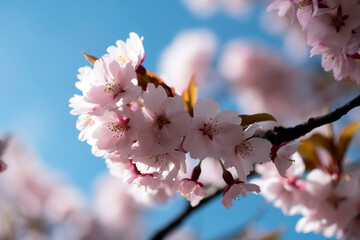 Close-up of delicate cherry blossoms in full bloom, their soft pink petals contrasting beautifully against the clear blue sky, with sunlight filtering through the branches.