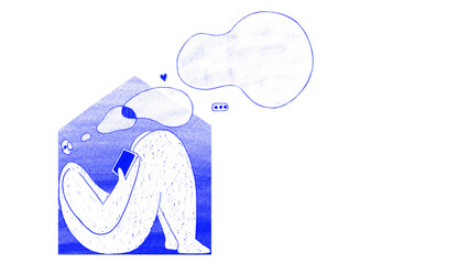 Hand drawn person scrolling phone in house