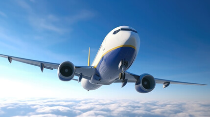 A Blue And Yellow Commercial Airplane Flying In A Blue Sky. Generative AI - obrazy, fototapety, plakaty