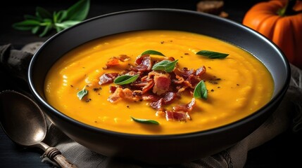 A Bowl Of Roasted Butternut Squash Soup With Sage And Bacon Bits. Generative AI