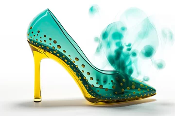Schilderijen op glas Hyper realistic high heels isolated on a white background. Yellow and teal. Dots (generative AI) 3D render © MBL