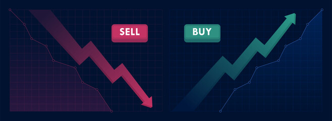 Up and down trend with arrows and graph isolated on dark background. Falling and rising graph with buy and sell buttons. Stock exchange concept. Trader profit and loss. Vector illustration © NazArt
