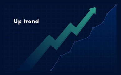 Up trend with arrow and rising graph isolated on dark background. Stock exchange concept. Trader profit. Vector illustration