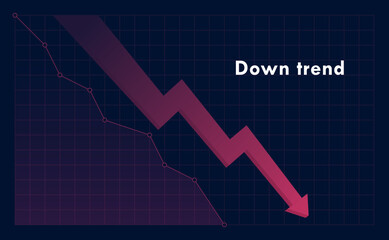 Down trend with arrow and falling graph isolated on dark background. Stock exchange concept. Trader profit and loss. Vector illustration
