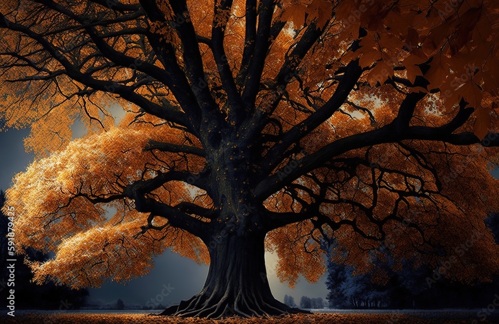 Poster huge tree with a single leaf at the end of the season generative ai