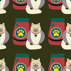Pattern with food for animals, cats, dogs, pet care.