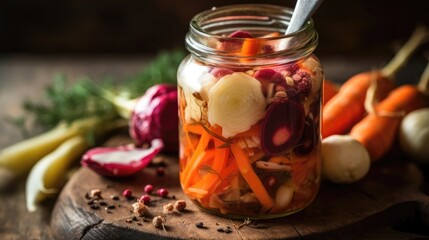 A Jar Of Fermented Vegetables With A Fork. Generative AI