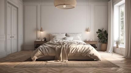 A Light Wood Floor With A Simple Low Profile Bed And Bedding In Neutral Tones. Generative AI