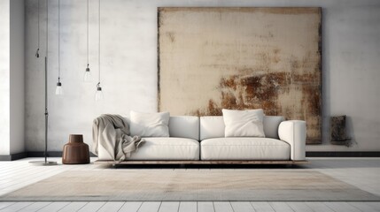 A Minimalist Shot Of A Living Room With A White Sofa And Rug And A Single Piece Of Abstract Art. Generative AI