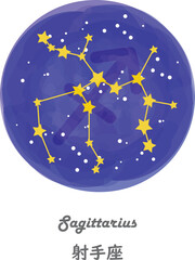Obraz na płótnie Canvas 星空を背景に描かれたいて座の星座線と、星座の名前が英語と日本語で描かれたイラスト