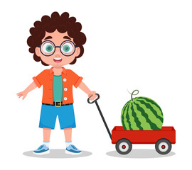 Cute boy with cart and watermelon