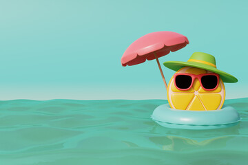 3d Lemon wearing sunglasses with inflatable ring floating in the sea, Summer tropical beach on a sunny day. Summer vacation. 3d rendering.