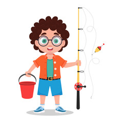 Happy boy fisherman with a fishing rod in his hand