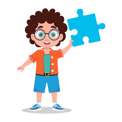 Cute boy collects a puzzle